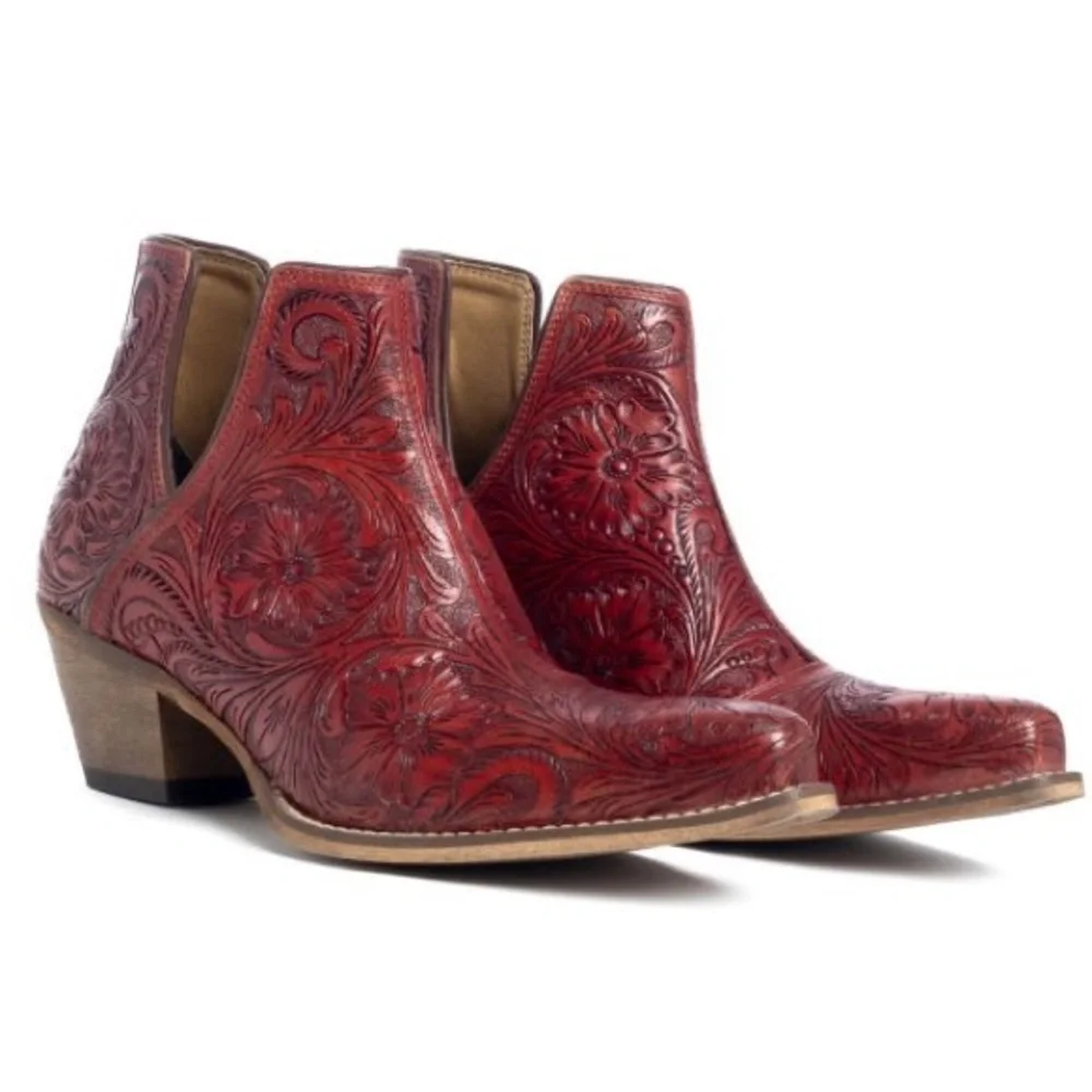 🌶️Scarlet Hand Tooled Genuine Leather Women Bootie Cowboy Boot Boho Western Red - Picture 6 of 16
